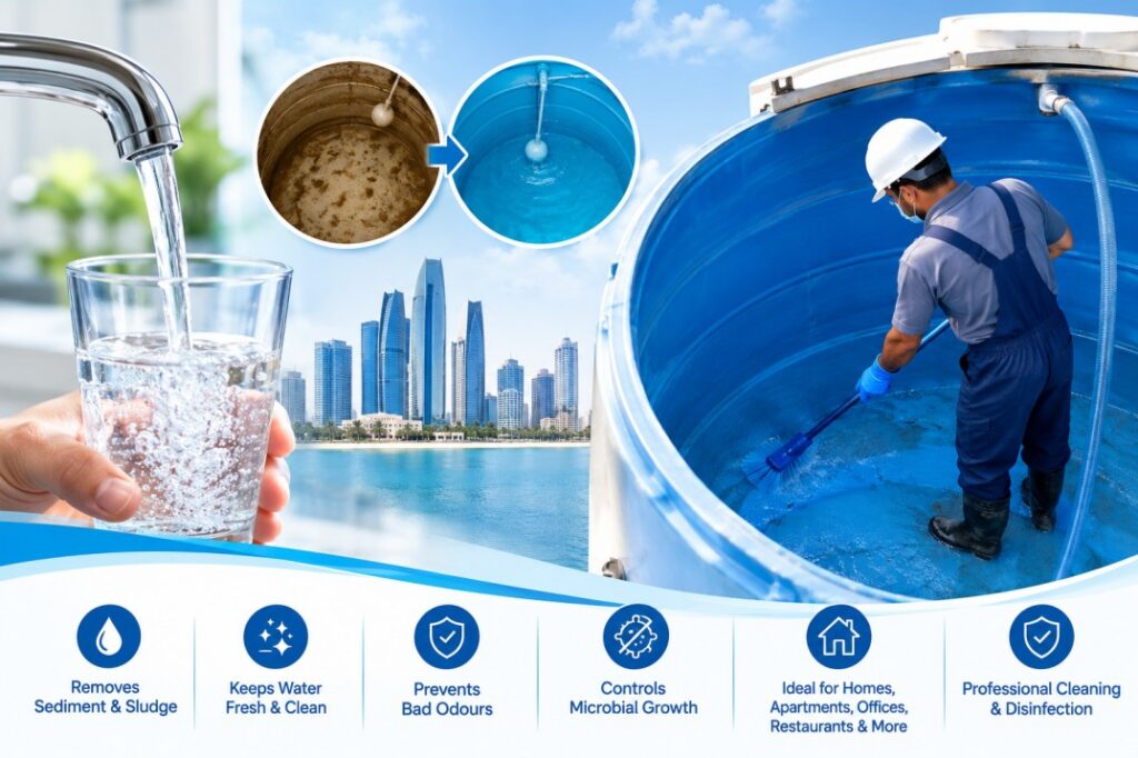 Regular Water Tank Cleaning Abu Dhabi: for Fresh & Odor‑Free Water Professional water tank cleaning service in Abu Dhabi showing a technician cleaning a large storage tank, clear fresh water, and clean tank interiors.